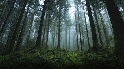 Naklejka premium Slim tall trees in dark forest with green moss and ferns and fog, natural style.