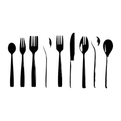 spoon and fork set. Set of restaurant icons. Silhouette cutlery icon, Steel Spoon Set, Spoon Set, Cutlery Set, Stainless Steel Spoon Set. Black cutlery set, Kitchen silhouette set.