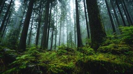 Slim tall trees in dark forest with green moss and ferns and fog, natural style.