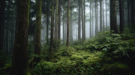 Obraz premium Slim tall trees in dark forest with green moss and ferns and fog, natural style.