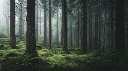 Fototapeta premium Slim tall trees in dark forest with green moss and ferns and fog, natural style.