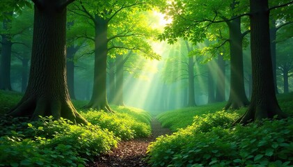 Naklejka premium Sun-dappled forest floor, lush green undergrowth, towering trees, dappled sunlight filtering through leaves Perfect for nature, environmental, or fantasy backgrounds , undergrowth, organic