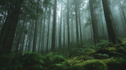 Naklejka premium Slim tall trees in dark forest with green moss and ferns and fog, natural style.