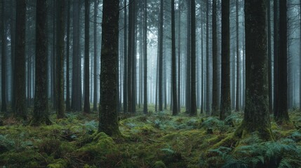 Fototapeta premium Slim tall trees in dark forest with green moss and ferns and fog, natural style.