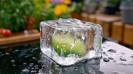 Close-up of a large ice cube,  partially reflecting a green apple inside
