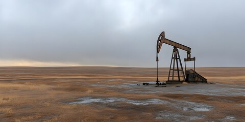 Naklejka premium Abandoned�oil�derrick in barren landscape.