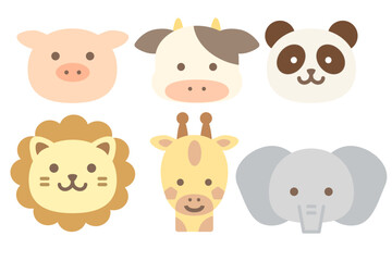 Playful Farm & Safari Animal Faces: Pig, Cow, Panda, Lion, Giraffe, Elephant in Minimalist Pastel Grid for Kids' Decor