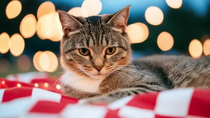 A tabby cat lounges on a checkered blanket with festive bokeh lights, evoking warmth and coziness