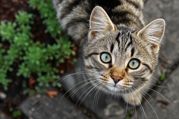 Obraz premium Un gato atigrado con ojos verdes mira hacia arriba desde una superficie de piedra, con follaje verde desenfocado en el fondo.