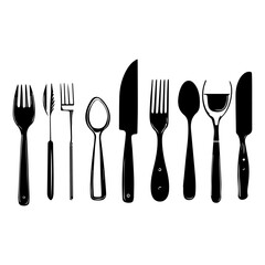 spoon and fork set. Set of restaurant icons. Silhouette cutlery icon, Steel Spoon Set, Spoon Set, Cutlery Set, Stainless Steel Spoon Set. Black cutlery set, Kitchen silhouette set.