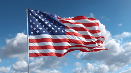 Fototapeta premium A vibrant national flag waves against a partly cloudy blue sky, symbolizing freedom and unity.