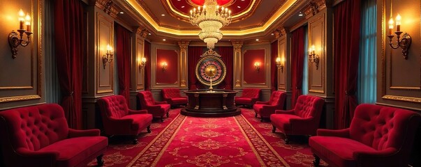 Obraz premium Luxurious casino interior with plush velvet seating, gleaming chandeliers, and a roulette wheel in the background, creating an atmosphere of opulence and excitement , chandelier, interior