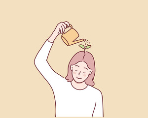 Thinking positive mindset. Girl watering flowers on her head with watering can. Conscious woman optimist. Good mood and happy character. Hand drawn style vector design illustrations.