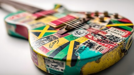 Fototapeta premium A vibrant electric guitar adorned with an array of colorful stickers in an artistic and abstract arrangement.