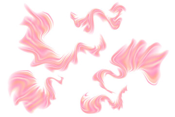 Fluid pink neon glowing futuristic flowing wave form set, iridescent striped holographic liquid splash isolated PNG design element, transparent background. Dream glow abstract geometric shape.