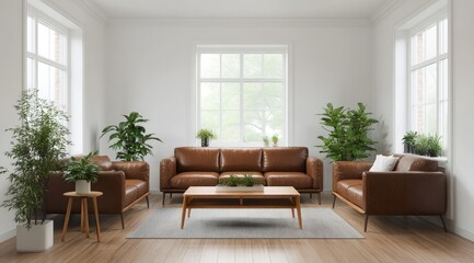 Modern Living Room with Leather Furniture and Plants