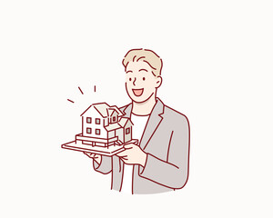 Architect Holding a House Model. Hand drawn style vector design illustrations.