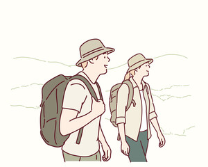 Man and Woman Hiking Together in the Mountains. Hand drawn style vector design illustrations.