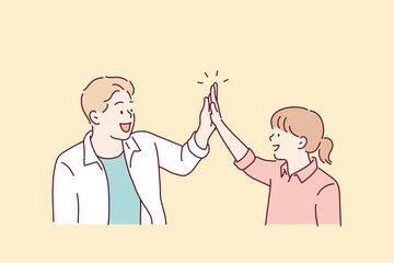Happy Father and Daughter High-Fiving Together.  Hand drawn style vector design illustrations.