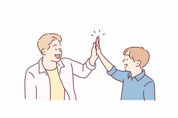 Happy Father and Son Giving High Five. Hand drawn style vector design illustrations.