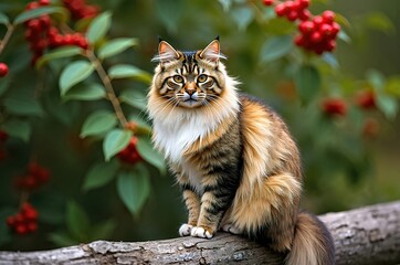 Cat on branch, red berries, blurry leaves background