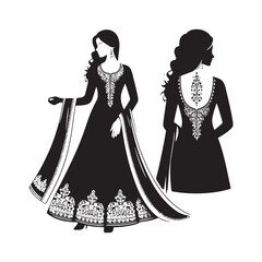 Elegant Anarkali Dress Silhouette Featuring Traditional Flowing Gown Design, Cultural Indian Fashion, Ethnic Wear Grace, Formal Attire Vector Illustration - Anarkali Dress Vector.
