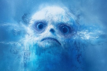 Fototapeta premium Rostro asustado y azulado, como si estuviera hecho de polvo o niebla, con una expresión de terror.