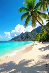 Sun-drenched Hawaiian beach, turquoise water lapping gentle shores, soft white sand, palm trees swaying in the breeze, a postcard-perfect tropical paradise ,  vacation,  palm trees