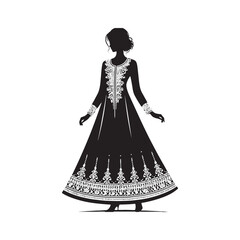 Fototapeta premium Elegant Anarkali Dress Silhouette Featuring Traditional Flowing Gown Design, Cultural Indian Fashion, Ethnic Wear Grace, Formal Attire Vector Illustration - Anarkali Dress Vector. 