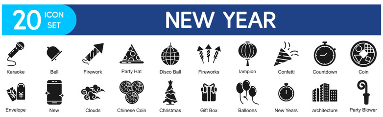 New Year Icons Collection related to  Celebration, Holiday, Party, Festive, January 1st, Countdown, Fireworks, Confetti, Balloons, Gift, Present, Tree, Decoration.