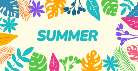 Obraz premium Summer Banner with Lush Tropical Leaves and Vibrant Foliage. Colorful Design Featuring Exotic Plants for a Bright Seasonal Background or banner Decoration.