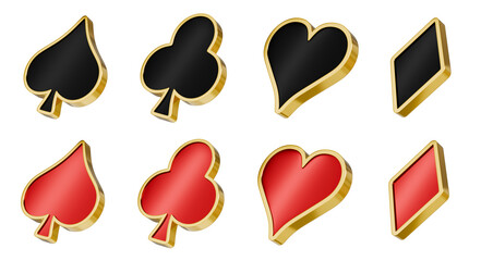 set of black red gold playing card poker suit icon symbol with heart diamond club and spade 3d element cutout