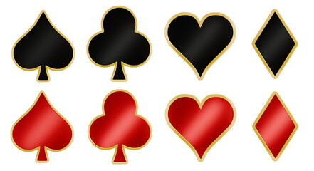 set of black red gold playing card poker suit icon symbol with heart diamond club and spade 3d element cutout