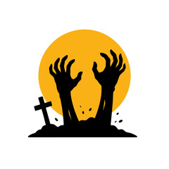 Zombie hands rising from grave in Halloween scene