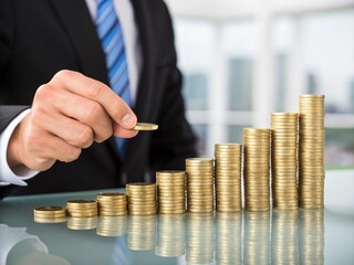 Businessman's hand holding a gold coin showing financial growth and investment savings success