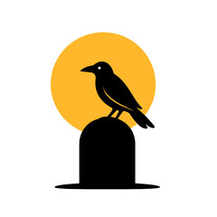 Fototapeta premium Crow sitting on tombstone under full moon silhouette