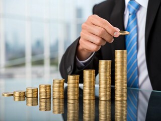 Businessman's hand holding a gold coin showing financial growth and investment savings success