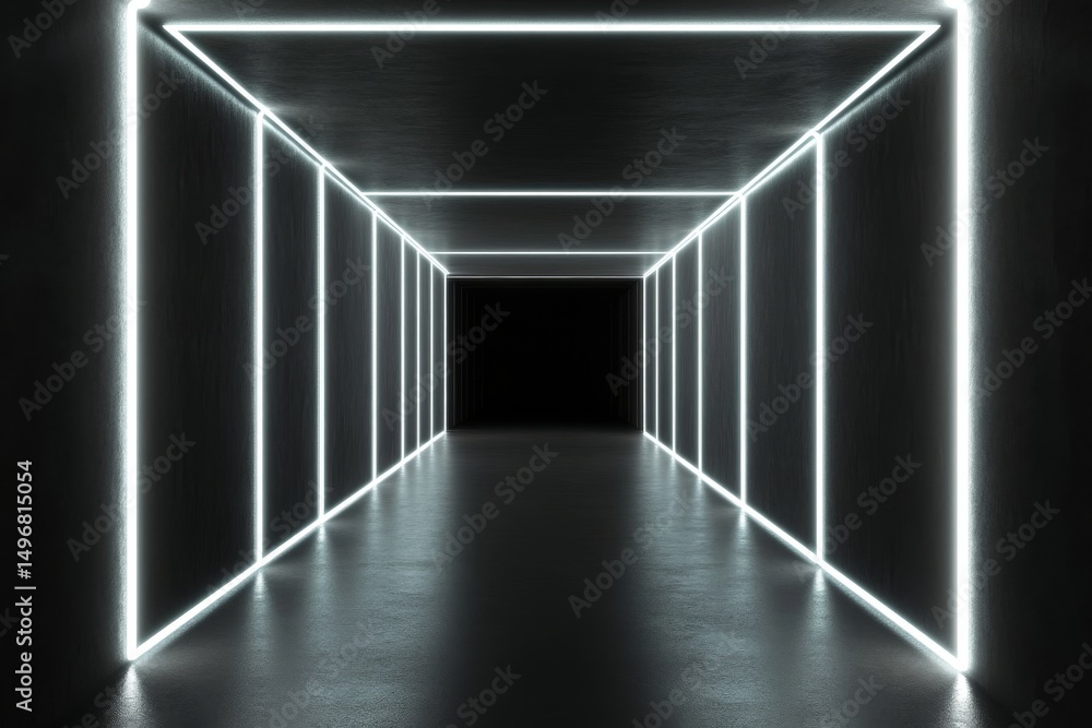 Poster the center of a chic black room with led lights lining the walls is occupied by a black partition th