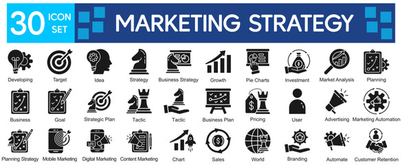 Marketing Strategy Icons Collection related to Marketing, Strategy, Business, Plan, Target, Idea, Growth, Analysis, Planning, Goal, Trade, Pricing, User, Advertising, Branding.