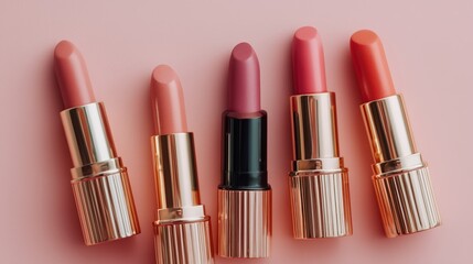 Obraz premium Five colorful glossy lipsticks are lying on a pink background, representing makeup, cosmetics, and beauty products