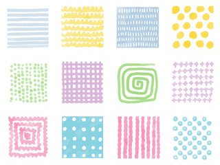 手書きあしらいセット　四角　パターン　水彩　カラフル