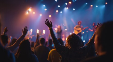 Worshipers Raising Hands at Concert Under Stage Lights, Representing Community, Faith, and Spiritual Connection for Religious Event Promotion : Generative AI
