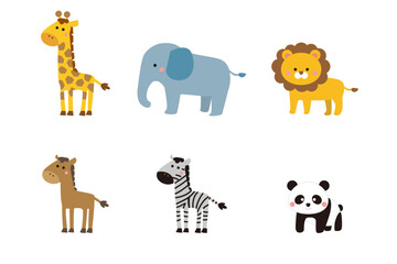 Fototapeta premium Playful Safari Animal Grid: Giraffe, Elephant, Lion, Horse, Zebra, Panda in Minimalist Flat Design for Nursery & Kids' Decor