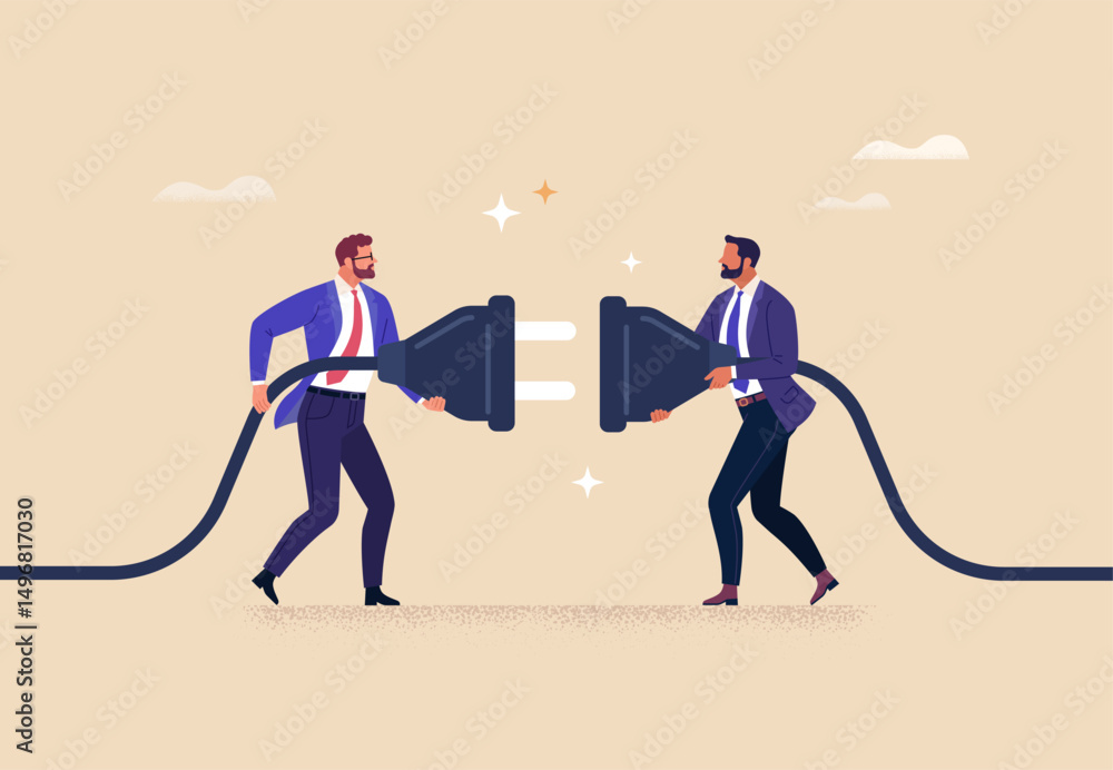 Poster business connection concept. vector cartoon flat illustration of two men in business suits connectin