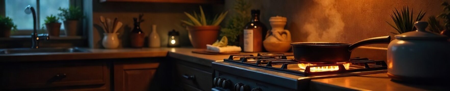 Cozy kitchen scene at night, warm stovetop glowing, cast iron pot simmering on the burner, rustic countertop, homey atmosphere ,  countertop,  cooking,  surface