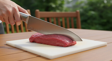 Close-up: Chef's Hand Slicing Raw Beef Tenderloin on Outdoor Wooden Table