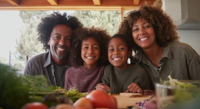 Happy African American Family Preparing Food Together in Kitchen, Representing Healthy Lifestyle and Family Bonding : Generative AI