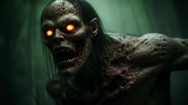 Horror Zombie Face with Glowing Eyes and Blood-Stained Mouth in a Terrifying Close-Up