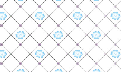 "Seamless Floral Lattice Pattern with Blue Flowers and Diamond Grid Background"