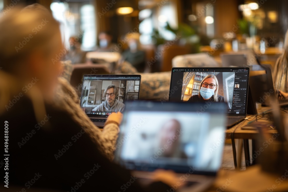 Aufkleber people attending virtual meeting on laptops, showcasing remote work and online collaboration in a mo